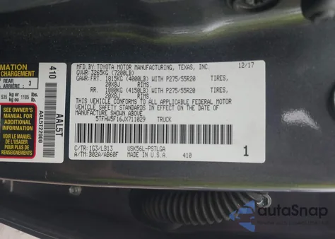 2018 Toyota Tundra Limited 5.7L V8 z USA, uszkodzony, nr VIN 5TFHW5F16JX711029